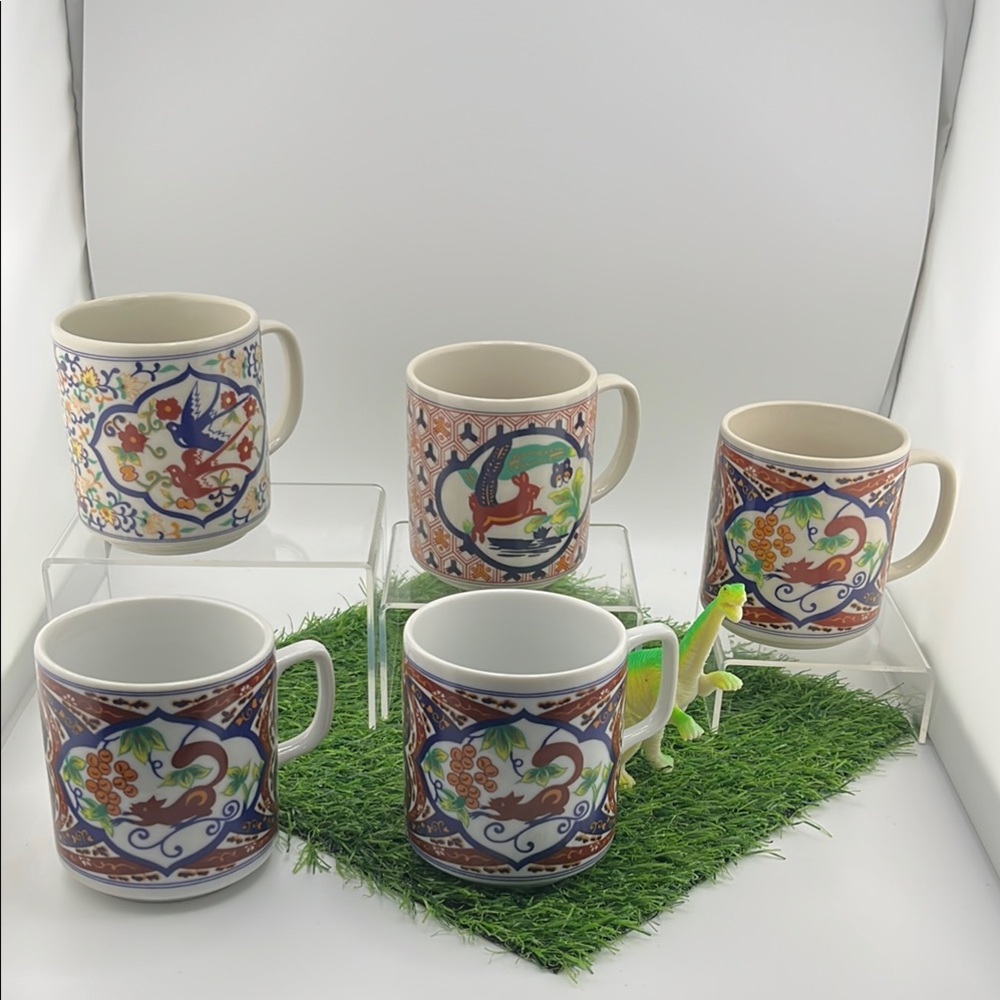 Floral & Animal Ceramic Mugs | Set of 5 | Vintage 1970s | Made in Japan